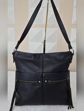 The Sak Black Pebbled Leather Shoulder Bag | Multi Pocket | Tassel Detail